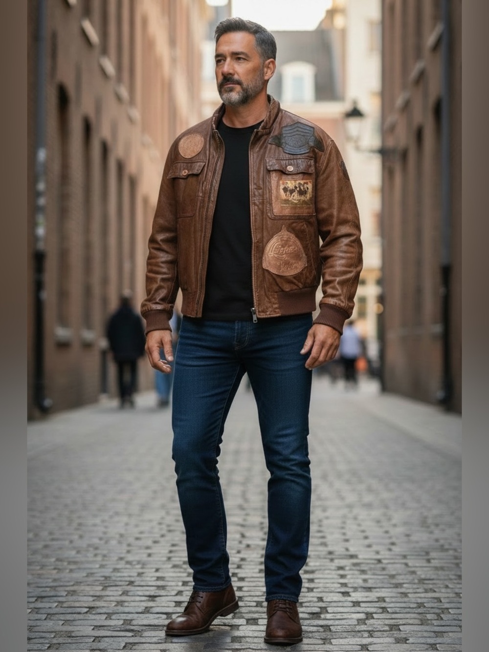 Men's Brown Italian Leather Patch hand made Bomber Jacket
